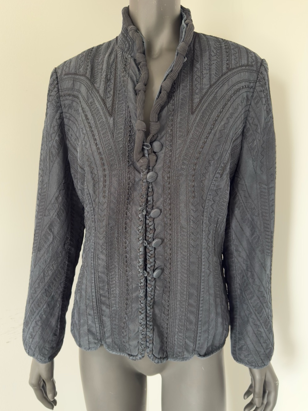 118. 100% Silk Bianca Nygard Gray Black  Textured Button-Front Jacket